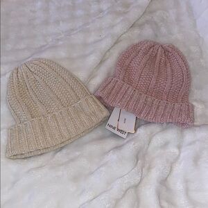 Nine West Knit Beanie Set - Cream and Pink